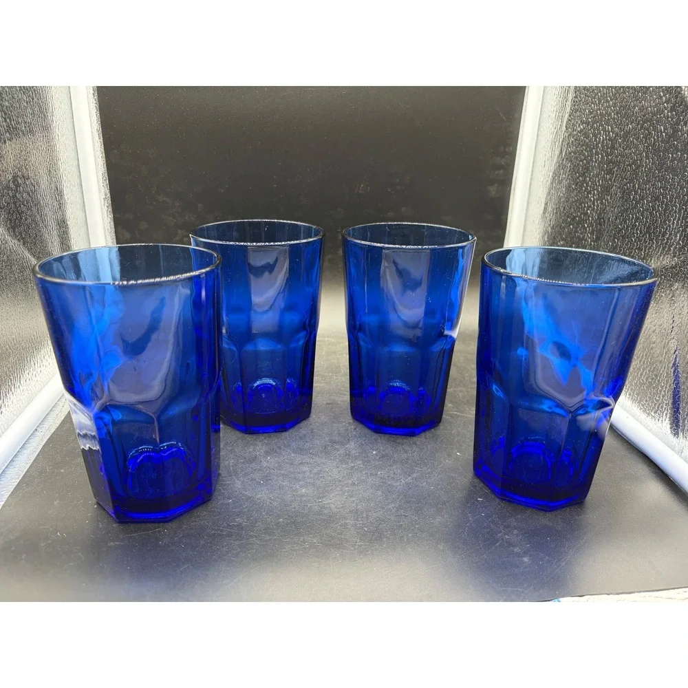 Libbey Cobalt Blue Gibraltar Glasses Set of 4 Octagonal Paneled Tumblers 12oz